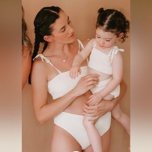 Aziel & Luca Cream Smocked Tie Strap Bikini Top & High Waisted Bottom Set New